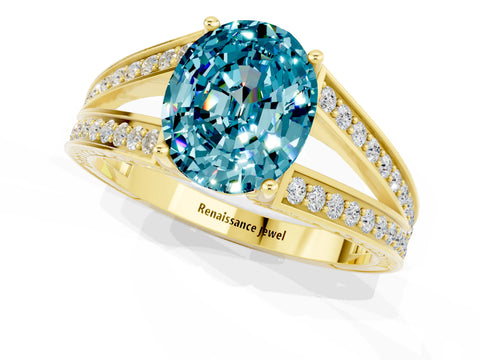 Yellow gold Oval Cut Blue Topaz Split Shank Ring with Pavé Band and Four-Prong Setting_1