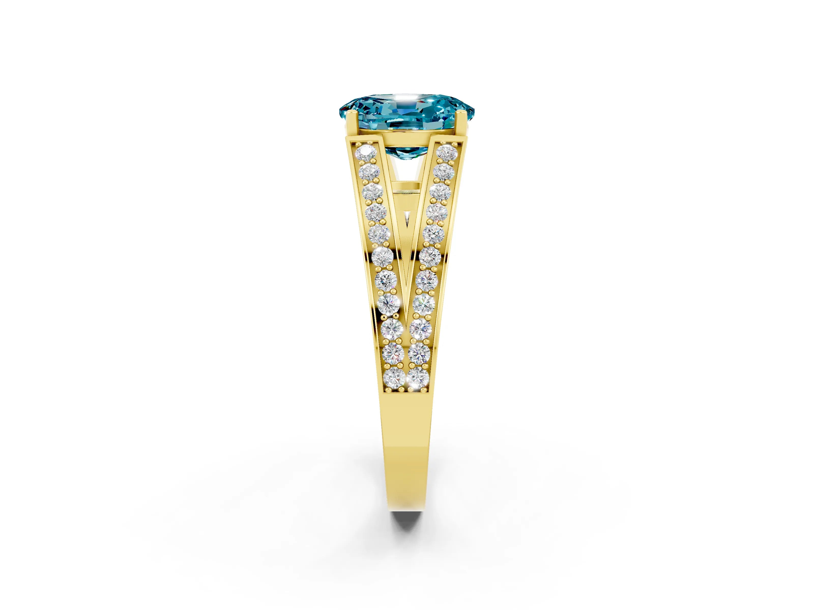 Yellow gold Oval Cut Blue Topaz Split Shank Ring with Pavé Band and Four-Prong Setting_2