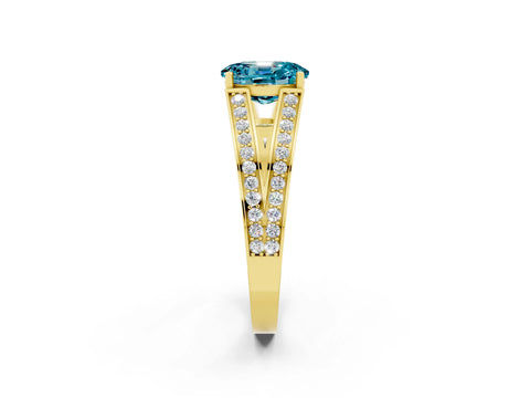 Yellow gold Oval Cut Blue Topaz Split Shank Ring with Pavé Band and Four-Prong Setting_2
