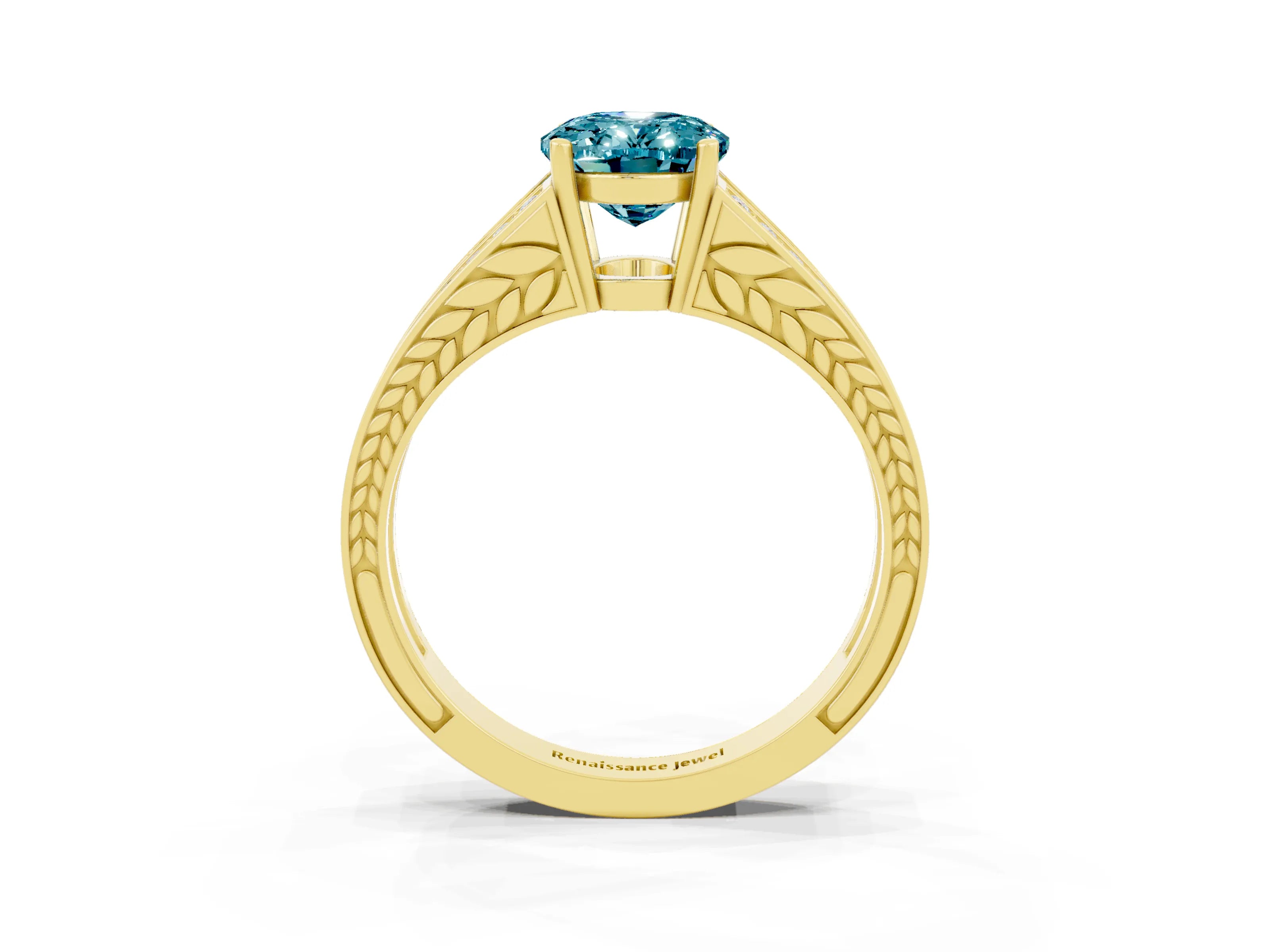 Yellow gold Oval Cut Blue Topaz Split Shank Ring with Pavé Band and Four-Prong Setting_3