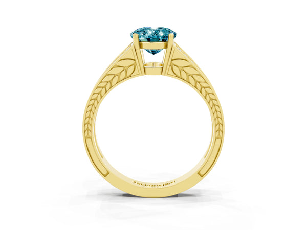 Yellow gold Oval Cut Blue Topaz Split Shank Ring with Pavé Band and Four-Prong Setting