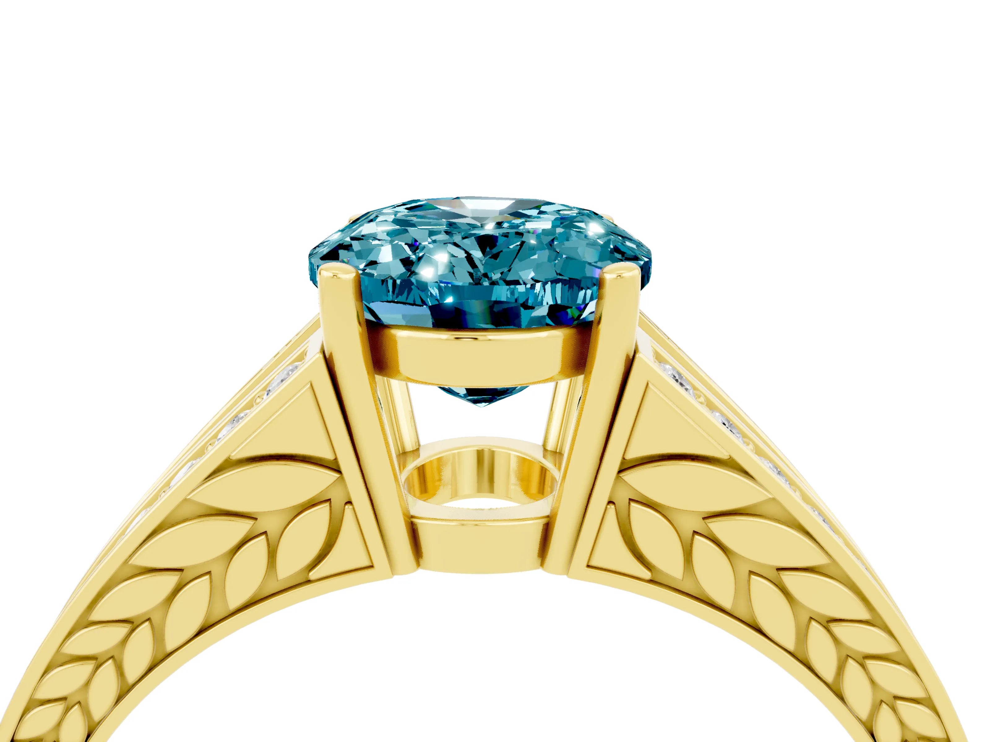 Yellow gold Oval Cut Blue Topaz Split Shank Ring with Pavé Band and Four-Prong Setting_4