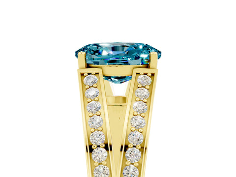 Yellow gold Oval Cut Blue Topaz Split Shank Ring with Pavé Band and Four-Prong Setting_5