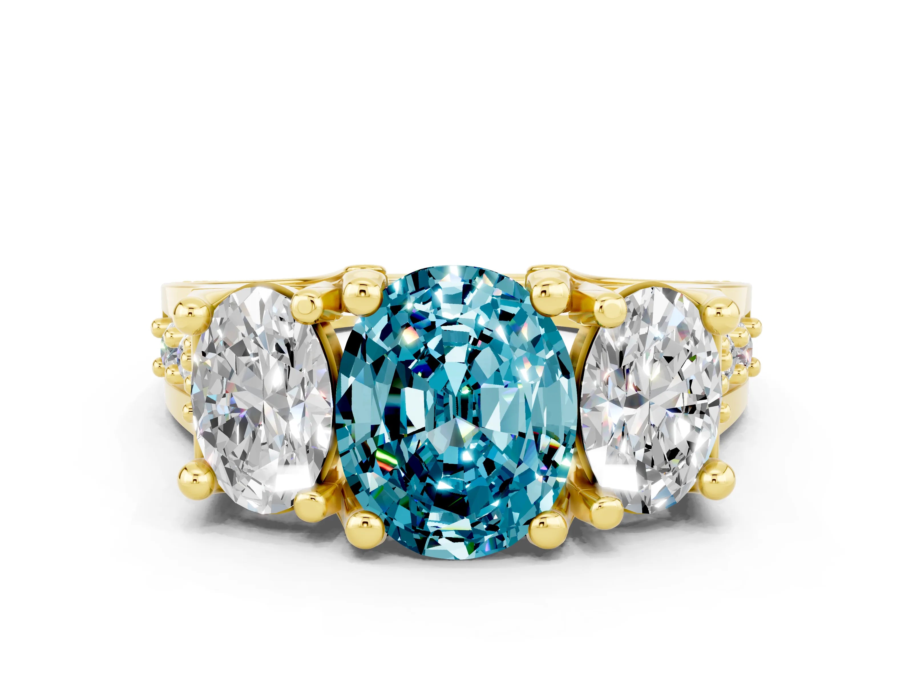 Yellow gold Oval Cut Blue Topaz Three-Stone Ring with Channel Set Band and Four-Prong Setting