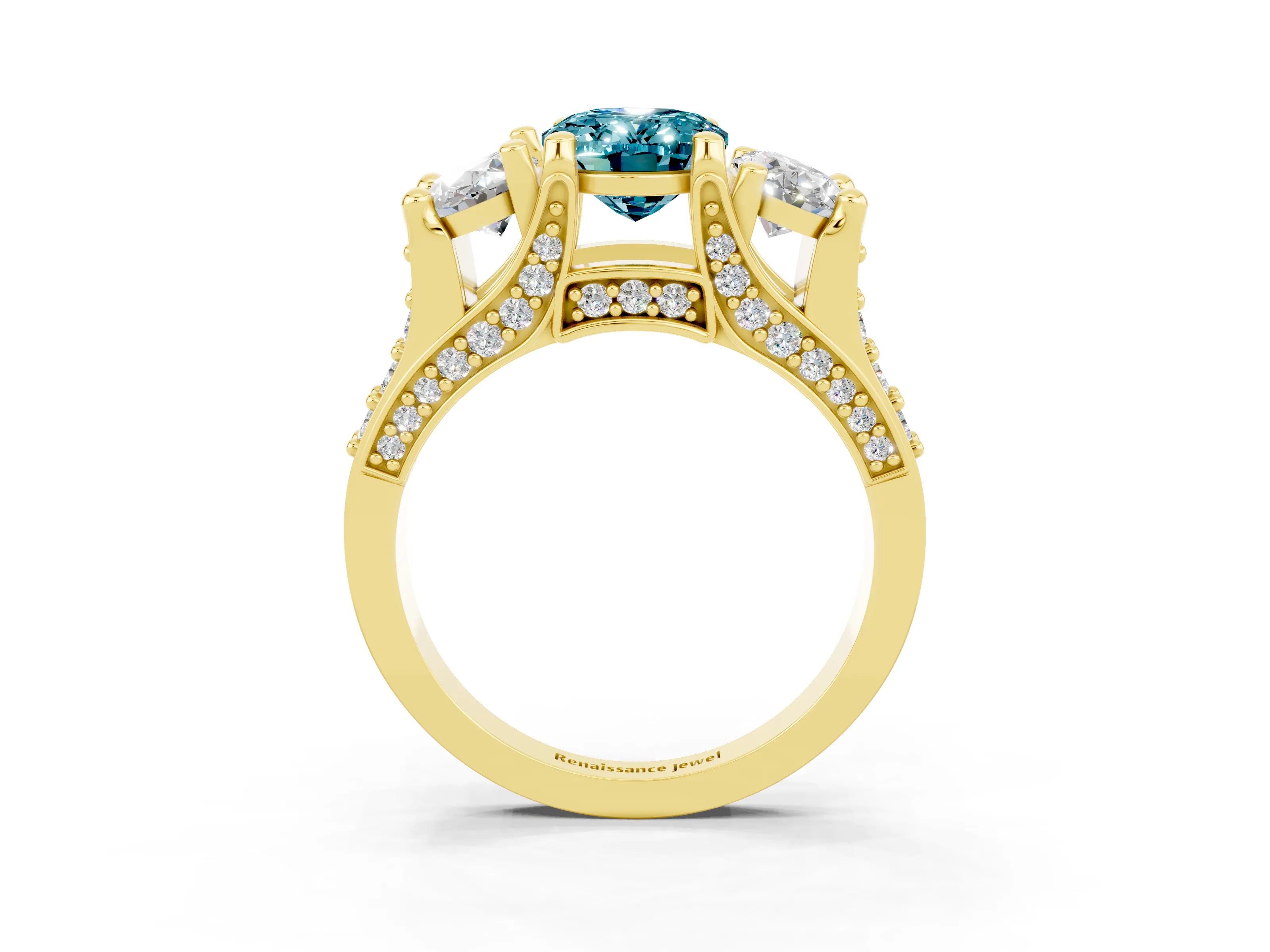 Yellow gold Oval Cut Blue Topaz Three-Stone Ring with Channel Set Band and Four-Prong Setting_3
