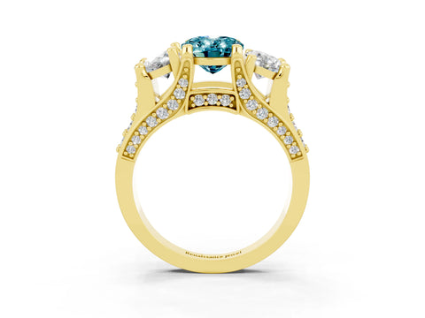 Yellow gold Oval Cut Blue Topaz Three-Stone Ring with Channel Set Band and Four-Prong Setting_3