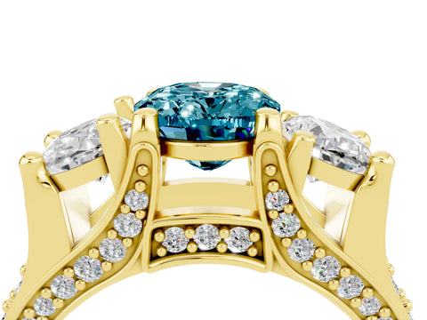 Yellow gold Oval Cut Blue Topaz Three-Stone Ring with Channel Set Band and Four-Prong Setting_4