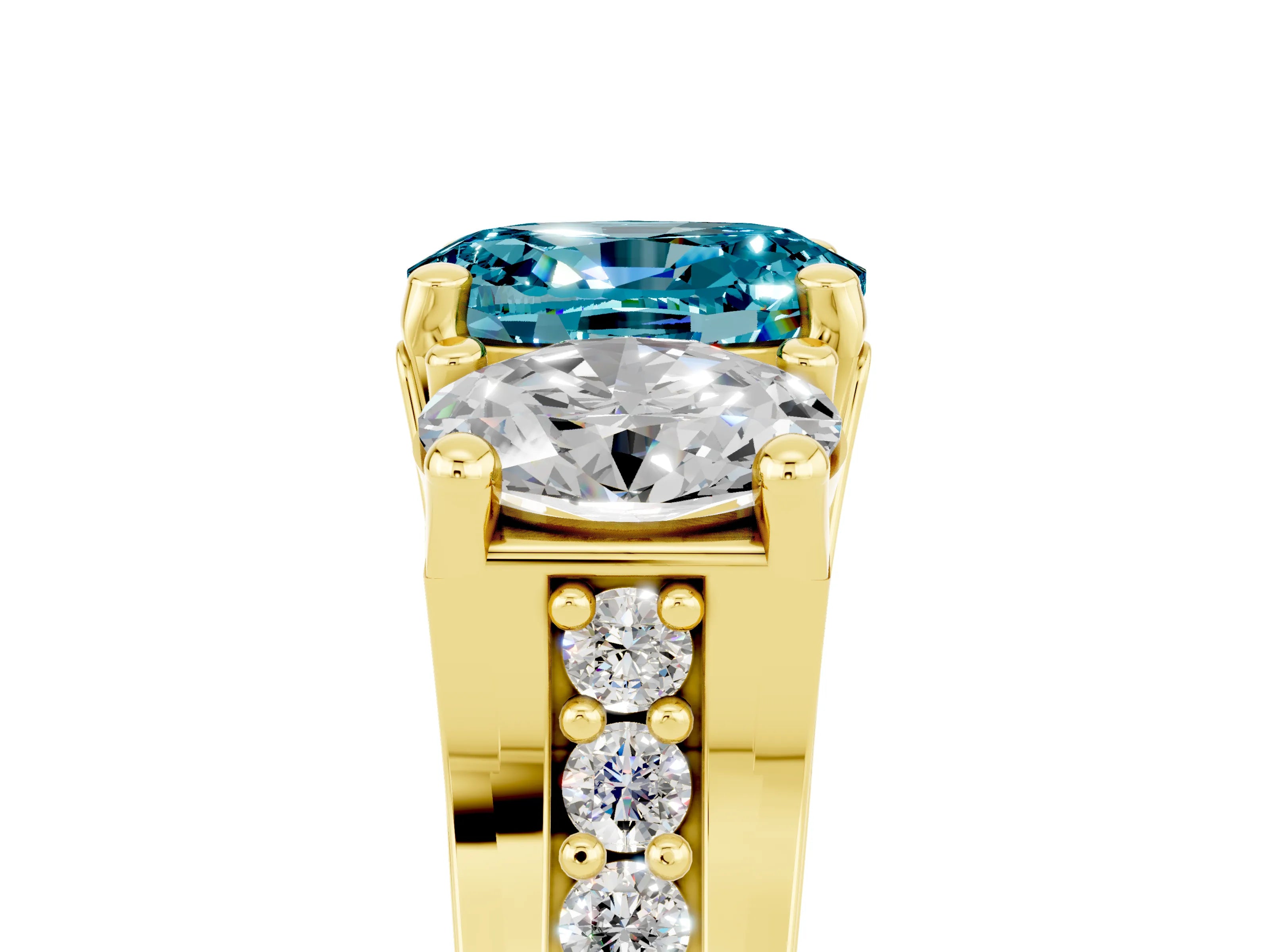 Yellow gold Oval Cut Blue Topaz Three-Stone Ring with Channel Set Band and Four-Prong Setting_5