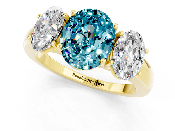 Yellow gold Oval Cut Blue Topaz Three-Stone Ring with Four-Prong Setting and Classic Band