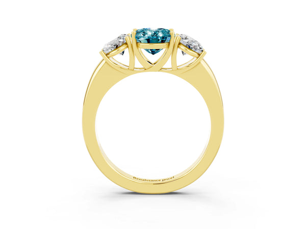 Yellow gold Oval Cut Blue Topaz Three-Stone Ring with Four-Prong Setting and Classic Band