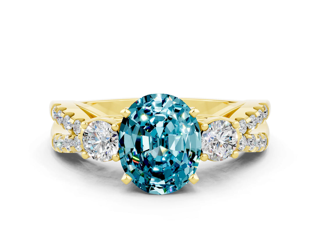 Yellow gold Oval Cut Blue Topaz Three-Stone Ring with Pavé Split Shank and Four-Prong Setting_12