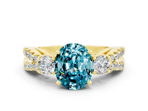 Yellow gold Oval Cut Blue Topaz Three-Stone Ring with Pavé Split Shank and Four-Prong Setting_12