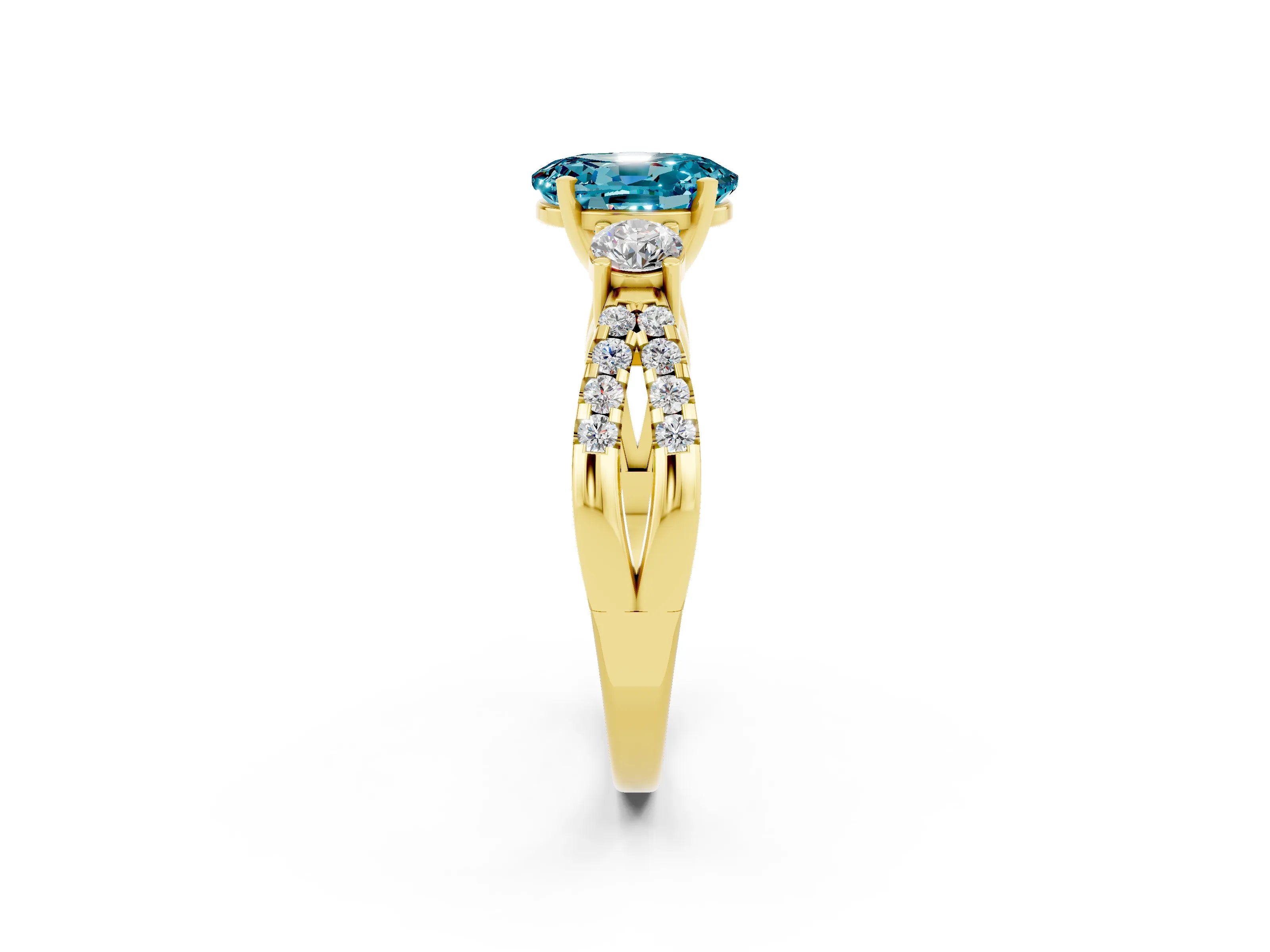 Yellow gold Oval Cut Blue Topaz Three-Stone Ring with Pavé Split Shank and Four-Prong Setting_14