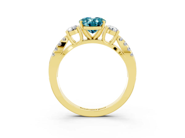 Yellow gold Oval Cut Blue Topaz Three-Stone Ring with Pavé Split Shank and Four-Prong Setting