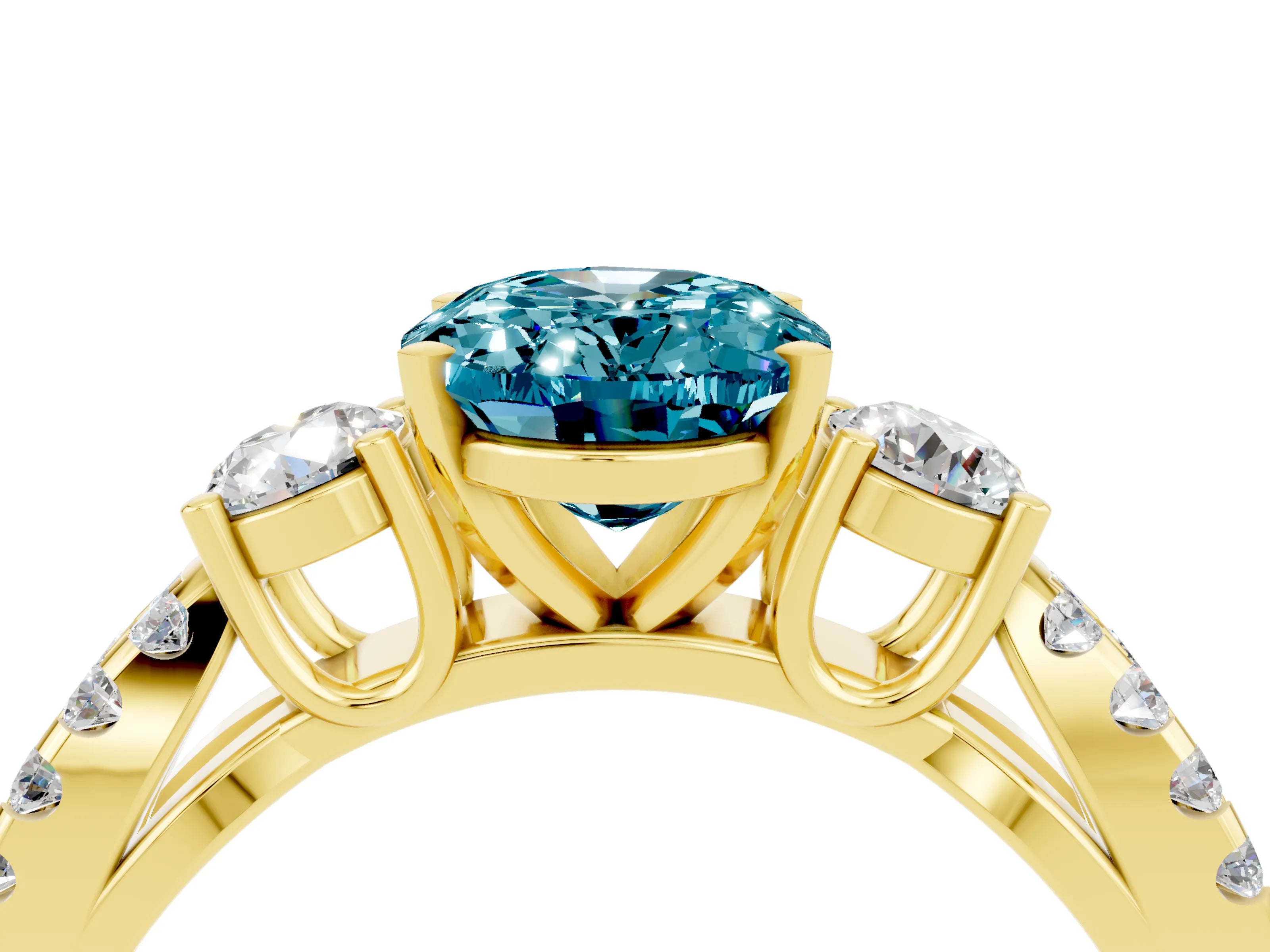 Yellow gold Oval Cut Blue Topaz Three-Stone Ring with Pavé Split Shank and Four-Prong Setting_16