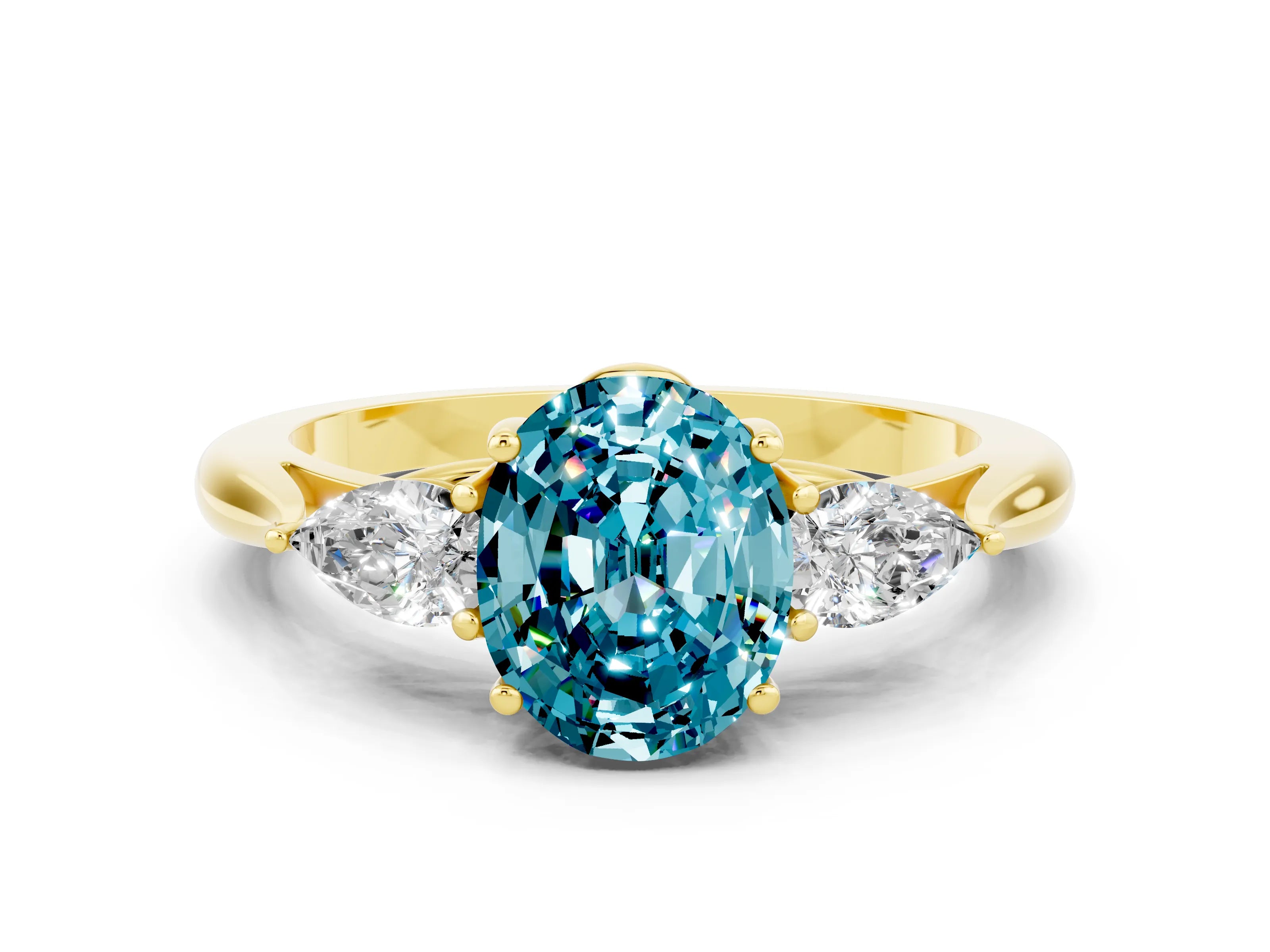 Yellow gold Oval Cut Blue Topaz Three-Stone Ring with Pear Side Stones and Four-Prong Setting_12
