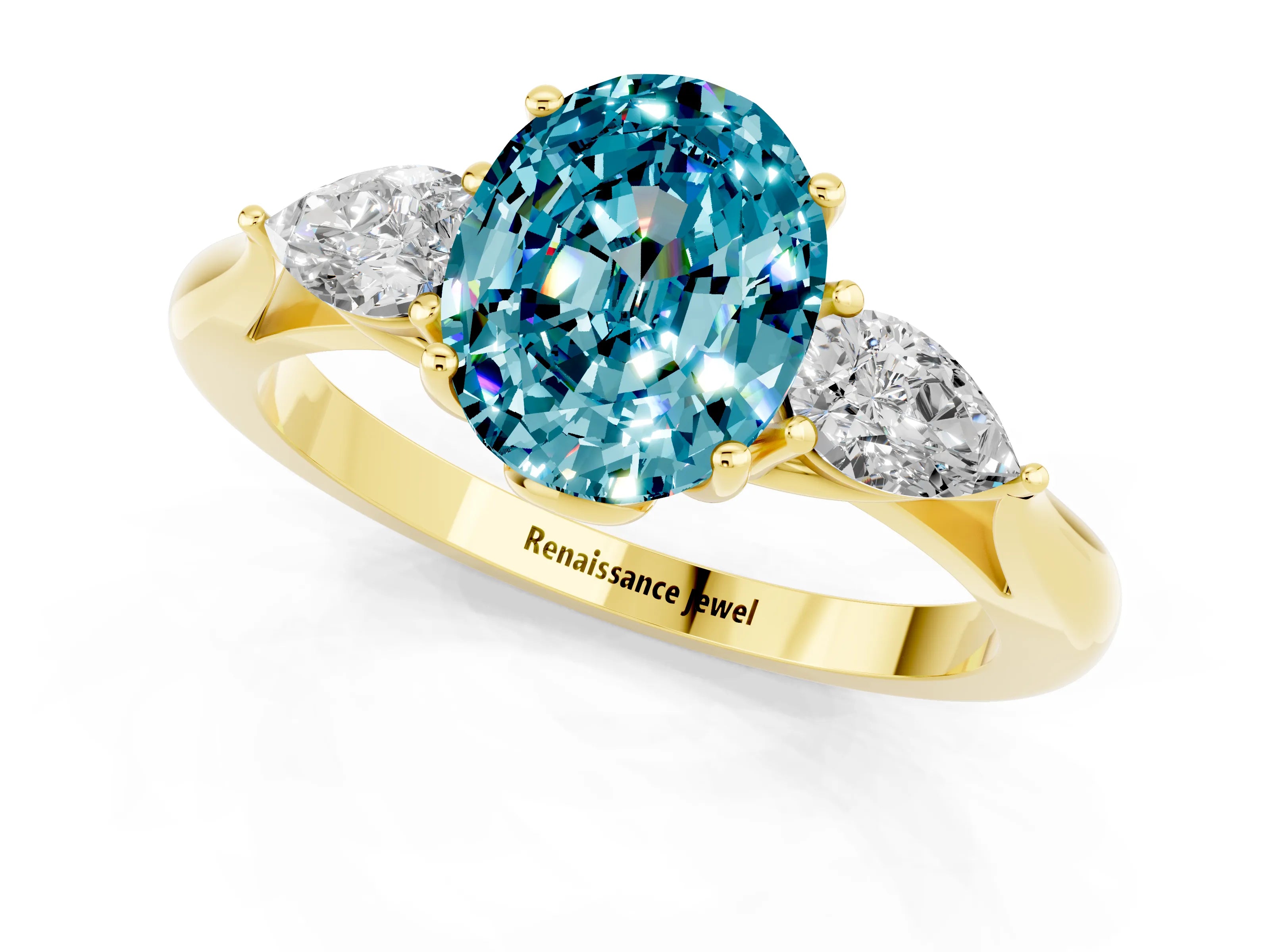 Yellow gold Oval Cut Blue Topaz Three-Stone Ring with Pear Side Stones and Four-Prong Setting_13