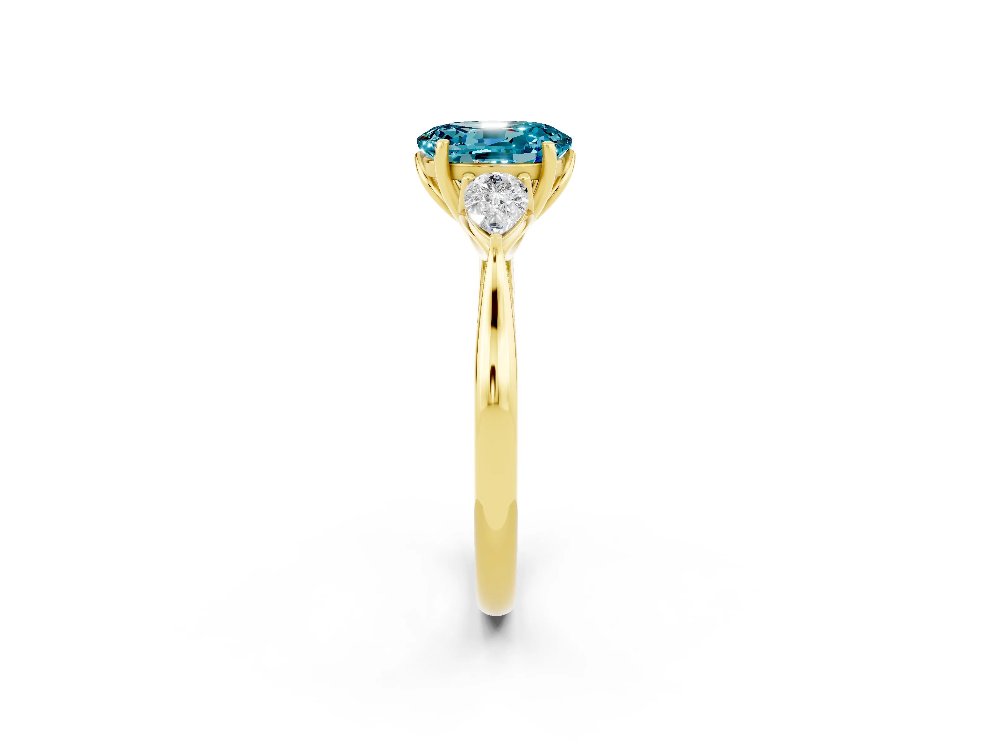 Yellow gold Oval Cut Blue Topaz Three-Stone Ring with Pear Side Stones and Four-Prong Setting_14