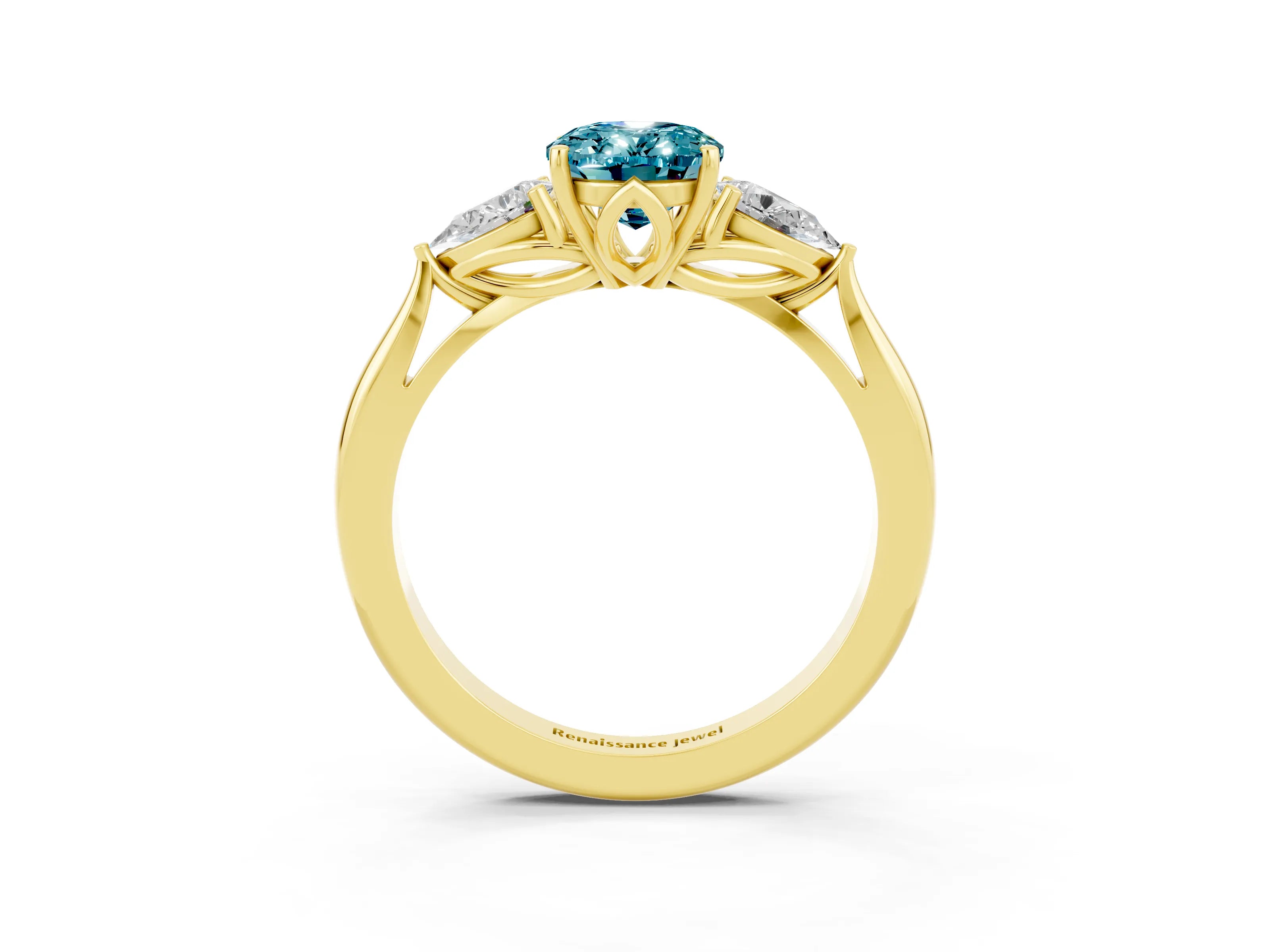 Yellow gold Oval Cut Blue Topaz Three-Stone Ring with Pear Side Stones and Four-Prong Setting_15