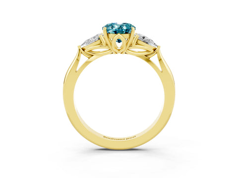 Yellow gold Oval Cut Blue Topaz Three-Stone Ring with Pear Side Stones and Four-Prong Setting_15