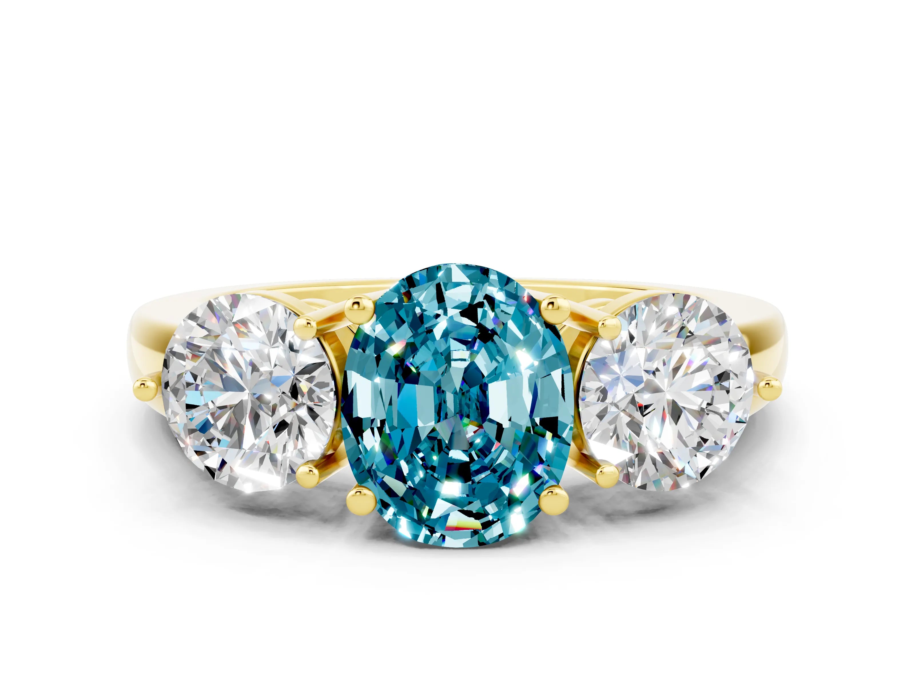 Yellow gold Oval Cut Blue Topaz Three-Stone Ring with Prong Setting and Classic Band