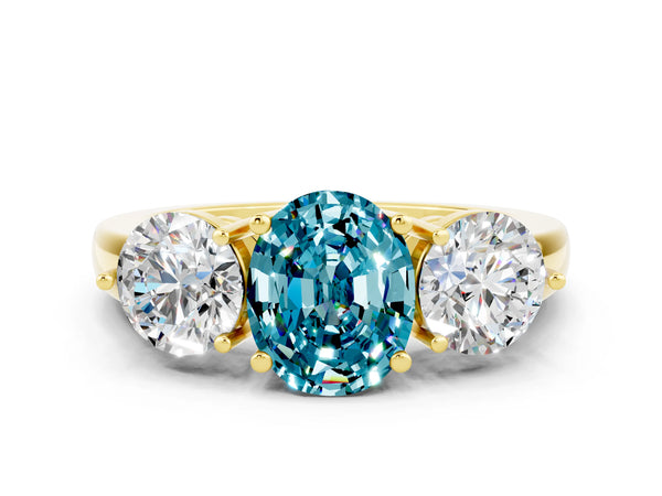 Yellow gold Oval Cut Blue Topaz Three-Stone Ring with Prong Setting and Classic Band