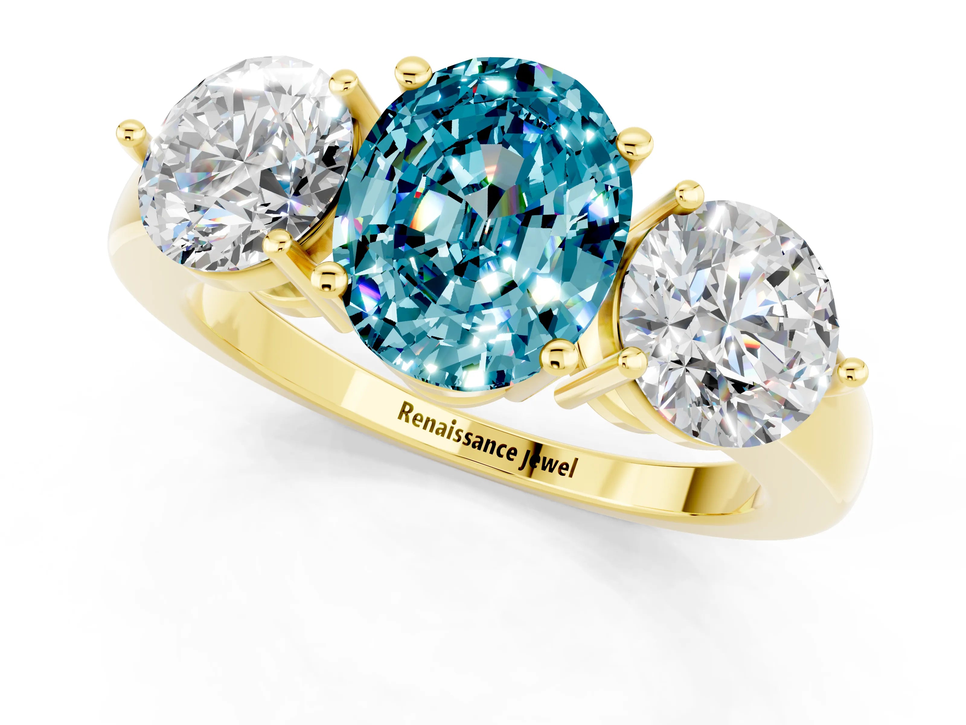 Yellow gold Oval Cut Blue Topaz Three-Stone Ring with Prong Setting and Classic Band_1