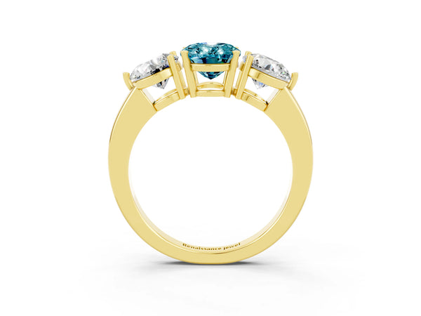 Yellow gold Oval Cut Blue Topaz Three-Stone Ring with Prong Setting and Classic Band