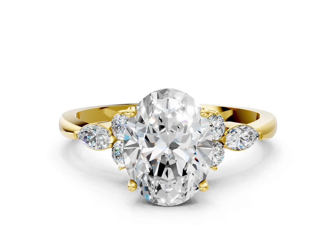 Yellow gold Oval Cut Brilliant Diamond Solitaire Ring with Pear Side Stones and Four-Prong Setting_3
