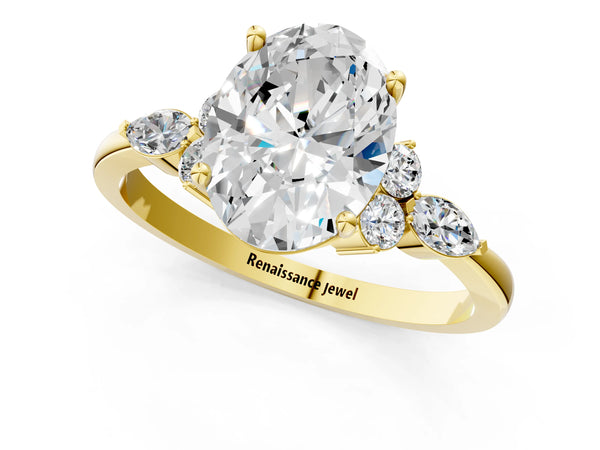 Yellow Gold Oval Engagement Ring Setting with Fanned Marquise and Round Side Accents