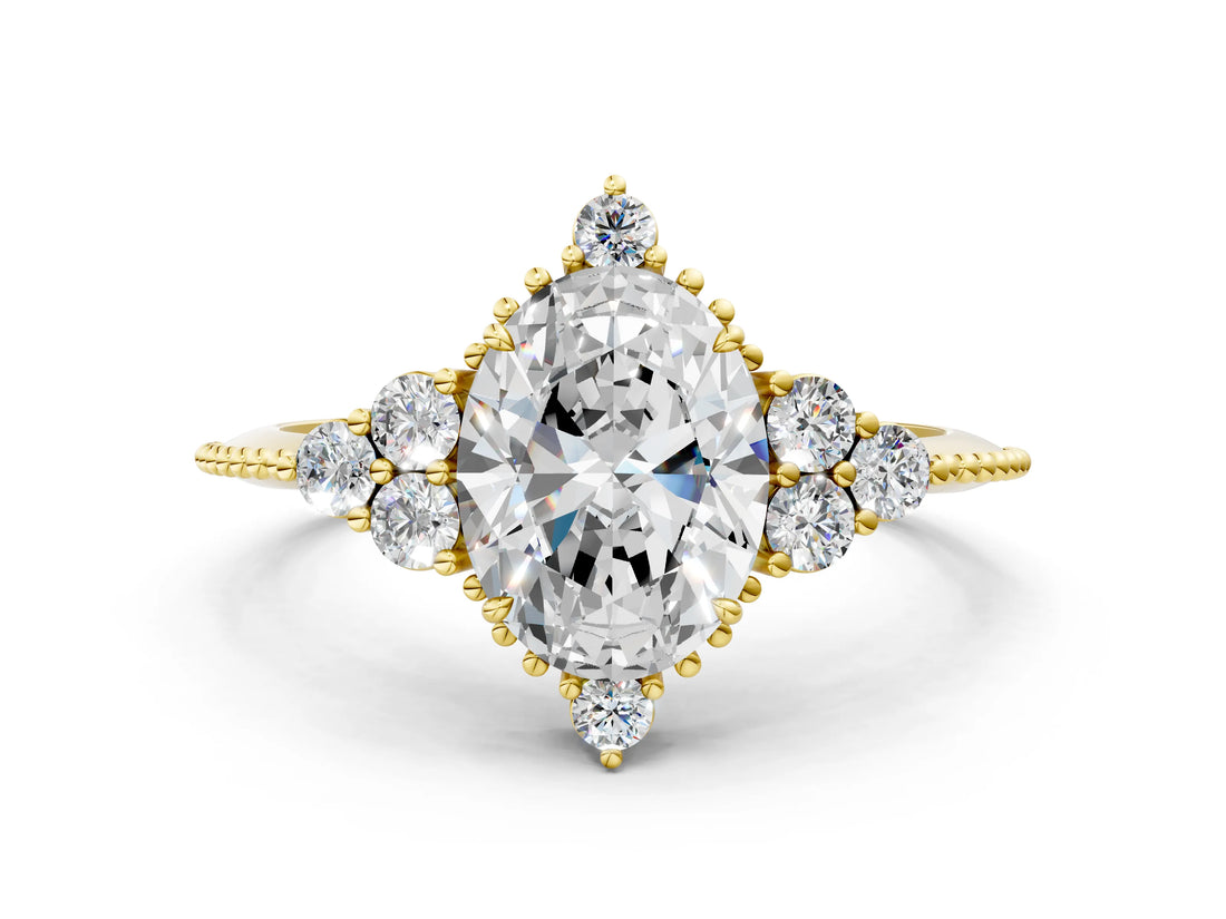 Yellow gold Oval Cut Brilliant Diamond with Cluster Setting on a Beaded Band and Four-Prong Setting_15