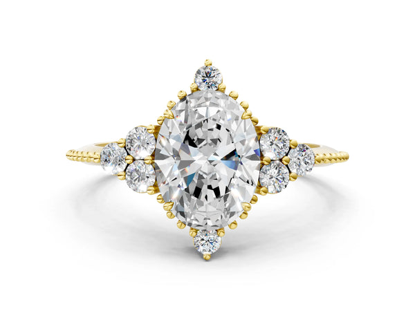 Yellow gold Oval Cut Brilliant Diamond with Cluster Setting on a Beaded Band and Four-Prong Setting