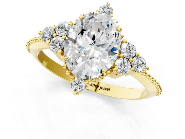 Yellow gold Oval Cut Brilliant Diamond with Cluster Setting on a Beaded Band and Four-Prong Setting