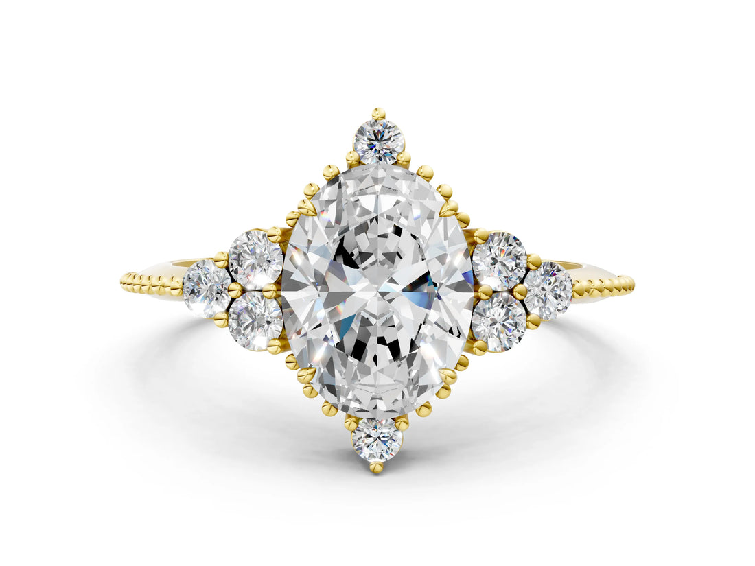 Yellow gold Oval Cut Brilliant Diamond with Cluster Setting on a Beaded Band and Four-Prong Setting_3