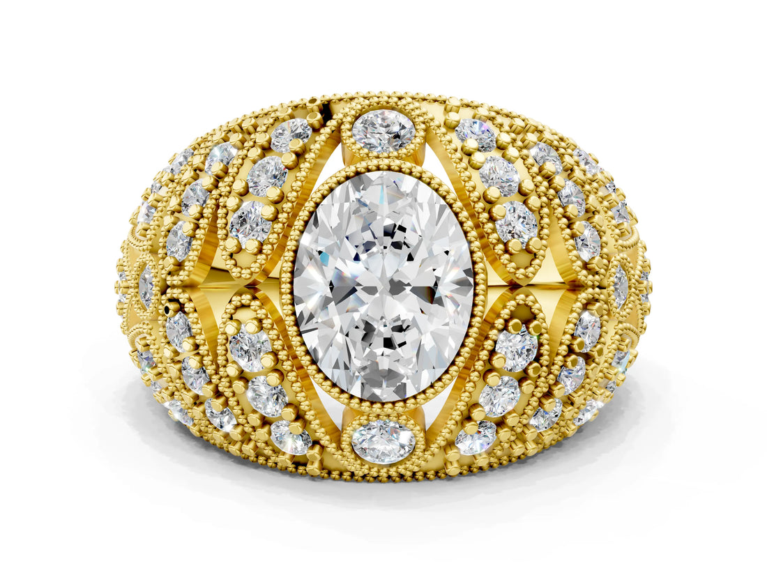 Yellow gold Oval Cut Brilliant Halo Pave Diamond Milgrain Ring_13