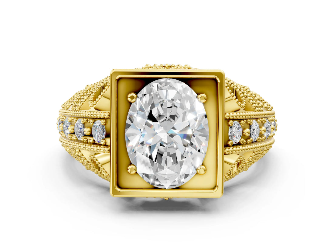 Yellow gold Oval Cut Brilliant Milgrain Filigree Diamond Ring with Square Prong Setting_27