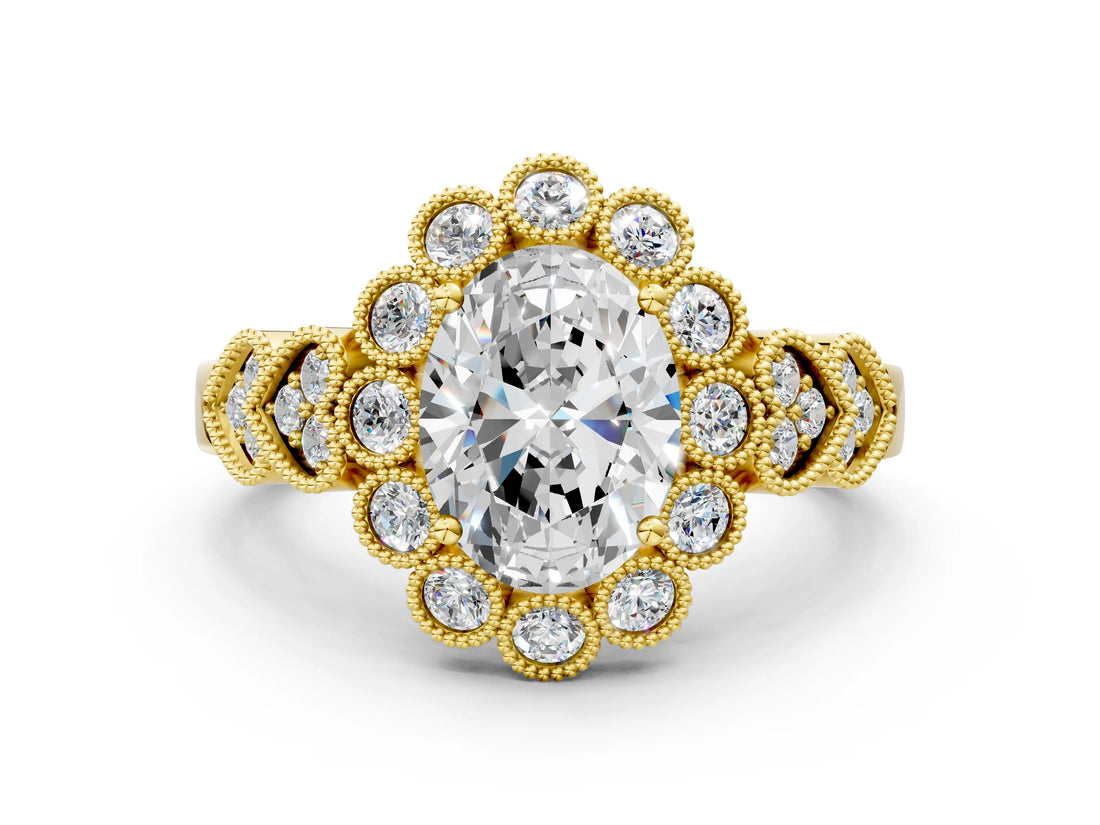 Yellow gold Oval Cut Brilliant Milgrain Pave Heart Band Solitaire Ring_3