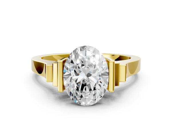 Yellow gold Oval Cut Brilliant Solitaire Diamond Ring with Channel Set Band and Bar Prong Setting