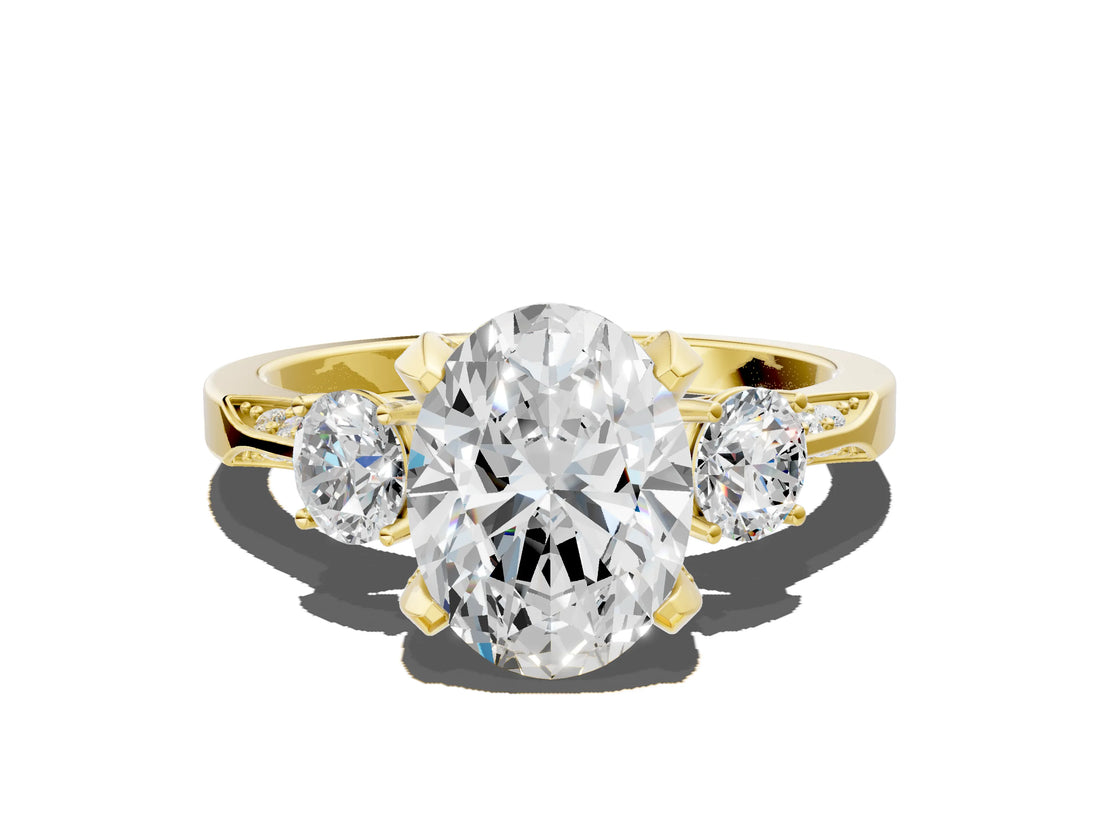 Yellow gold Oval Cut Brilliant Three-Stone Diamond Ring with Pavé Band and Four-Prong Setting_3