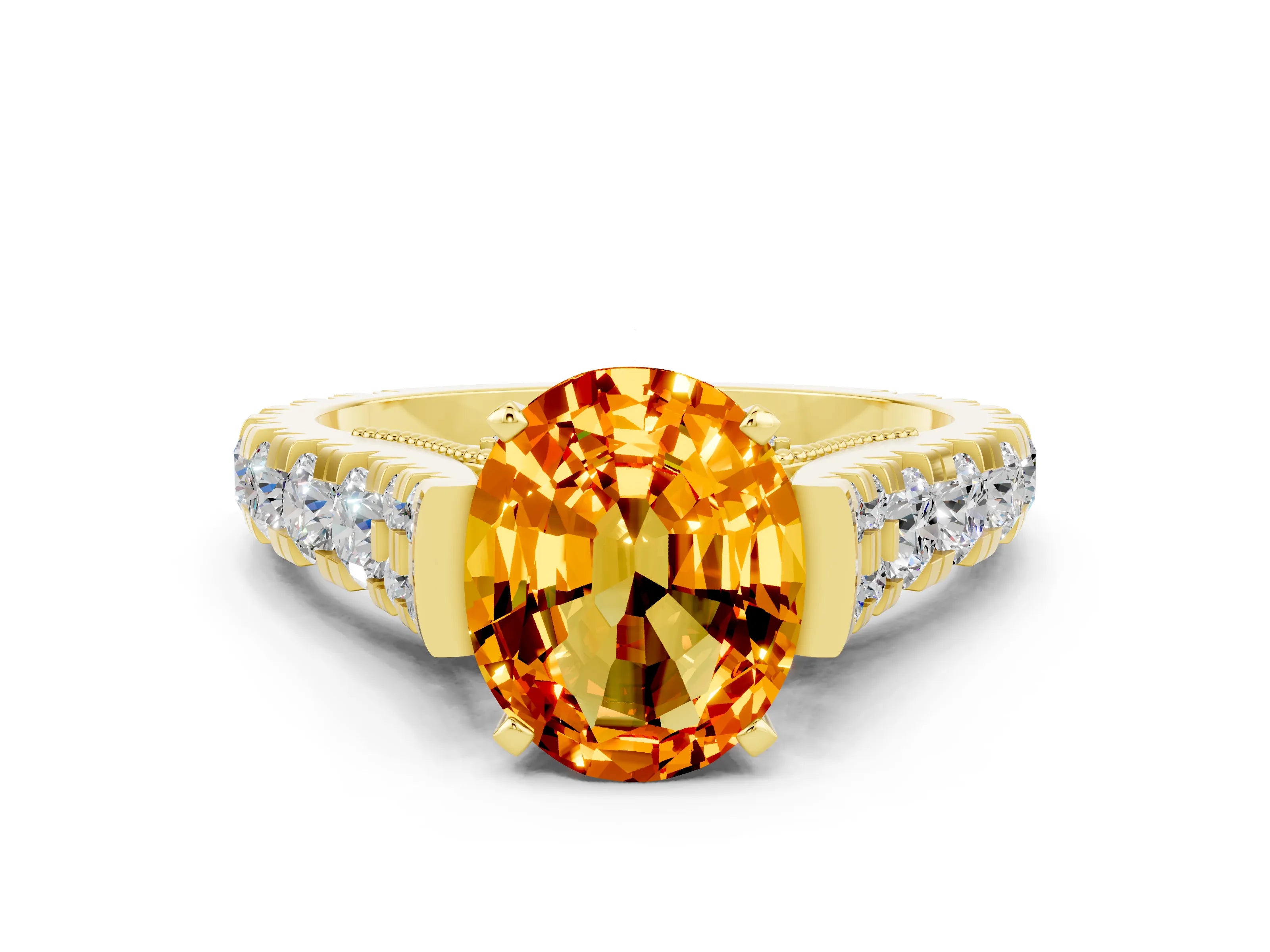 Yellow gold Oval Cut Citrine Classic Solitaire Ring with Pavé Band and Four-Prong Setting