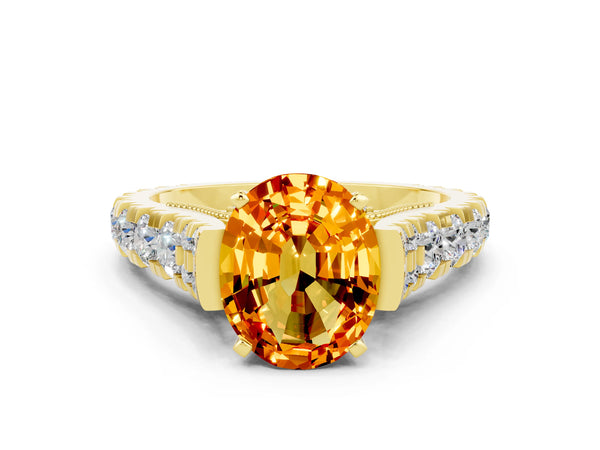Yellow gold Oval Cut Citrine Classic Solitaire Ring with Pavé Band and Four-Prong Setting