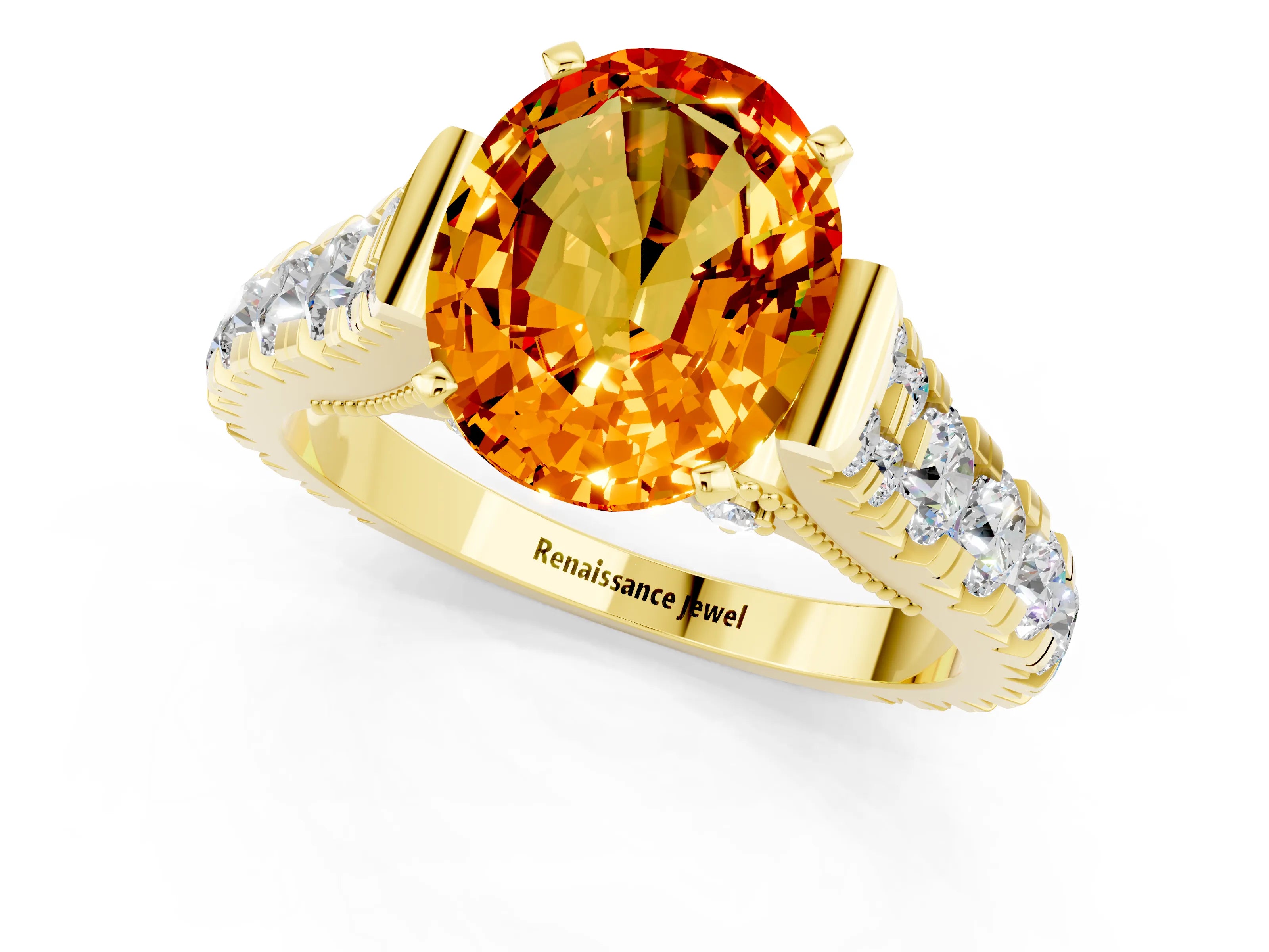 Yellow gold Oval Cut Citrine Classic Solitaire Ring with Pavé Band and Four-Prong Setting_1