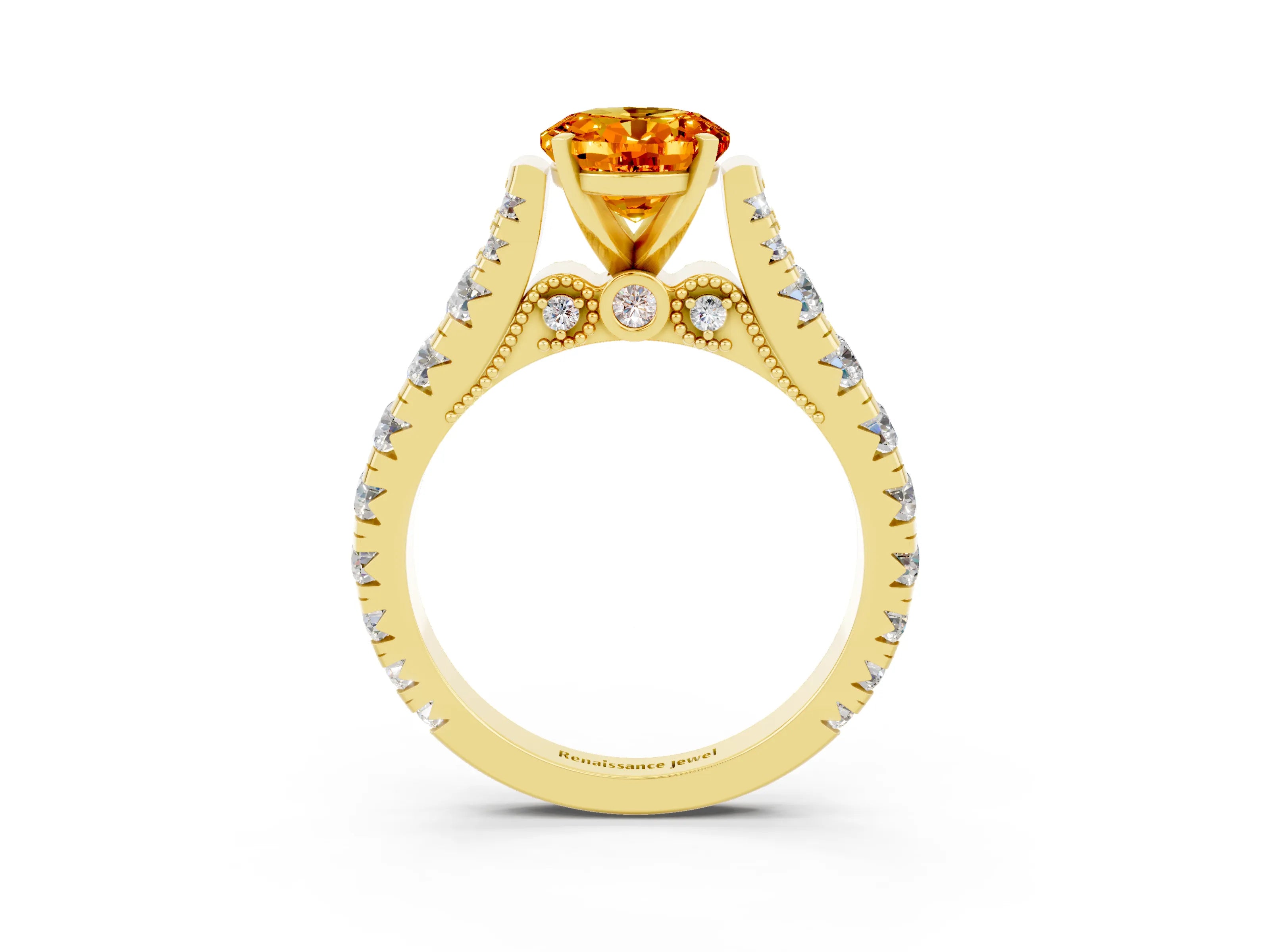Yellow gold Oval Cut Citrine Classic Solitaire Ring with Pavé Band and Four-Prong Setting_3