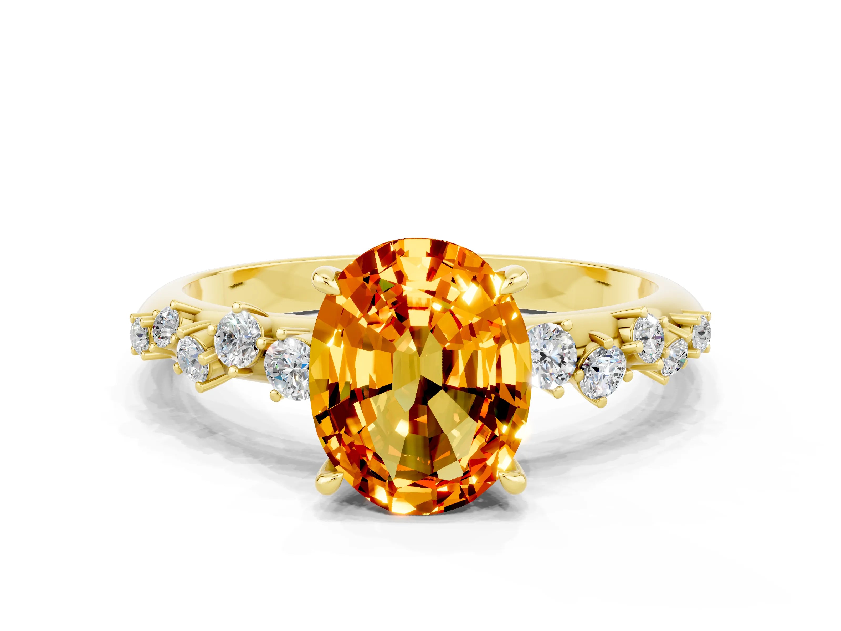 Yellow gold Oval Cut Citrine Cluster Side Stone Solitaire Ring with Prong Setting_24