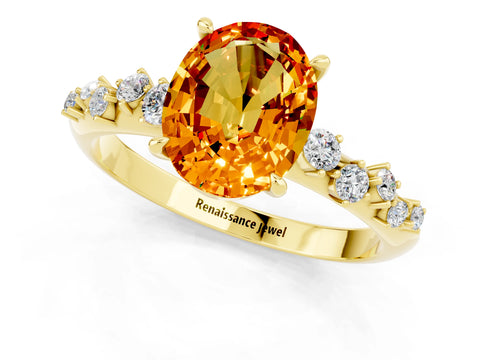 Yellow gold Oval Cut Citrine Cluster Side Stone Solitaire Ring with Prong Setting_25
