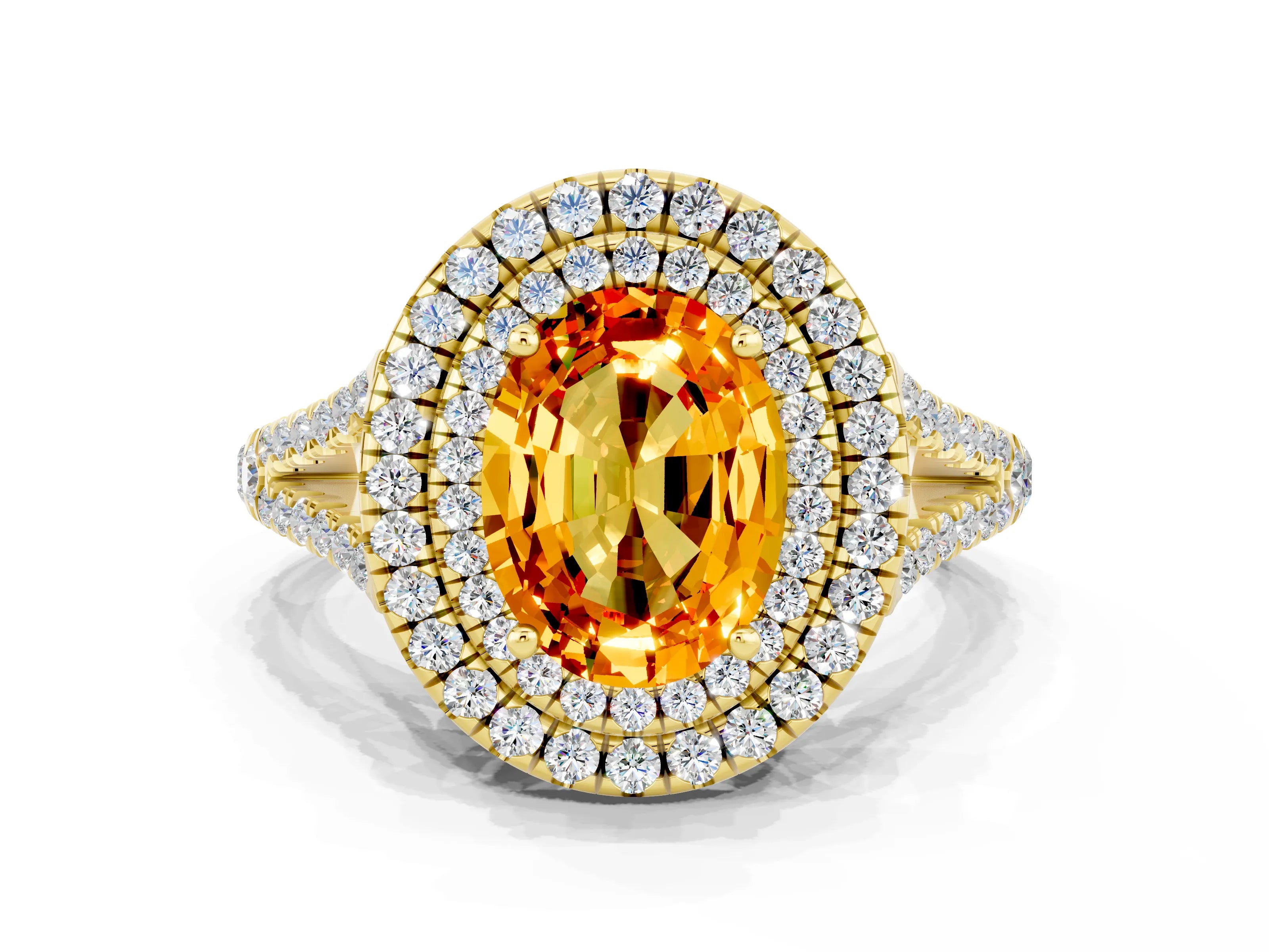 Yellow gold Oval Cut Citrine Double Halo Ring with Pavé Band and Prong Setting_12