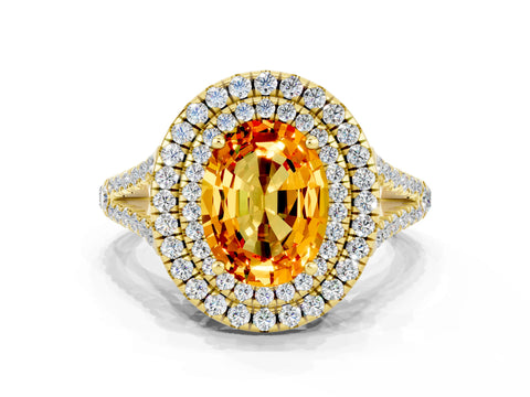 Yellow gold Oval Cut Citrine Double Halo Ring with Pavé Band and Prong Setting_12