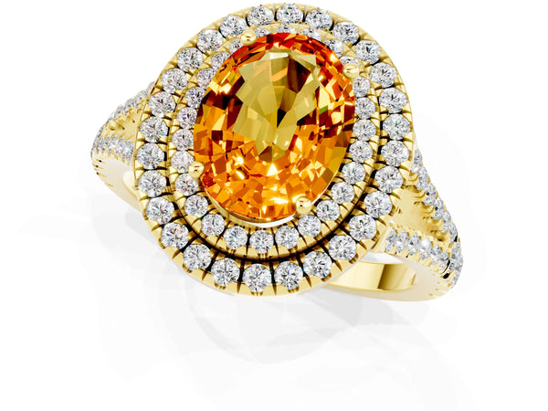 Yellow gold Oval Cut Citrine Double Halo Ring with Pavé Band and Prong Setting