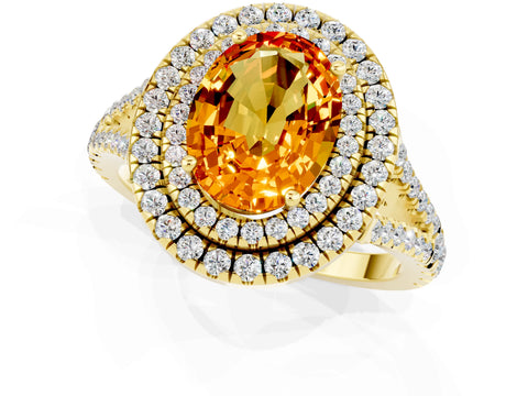 Yellow gold Oval Cut Citrine Double Halo Ring with Pavé Band and Prong Setting_13
