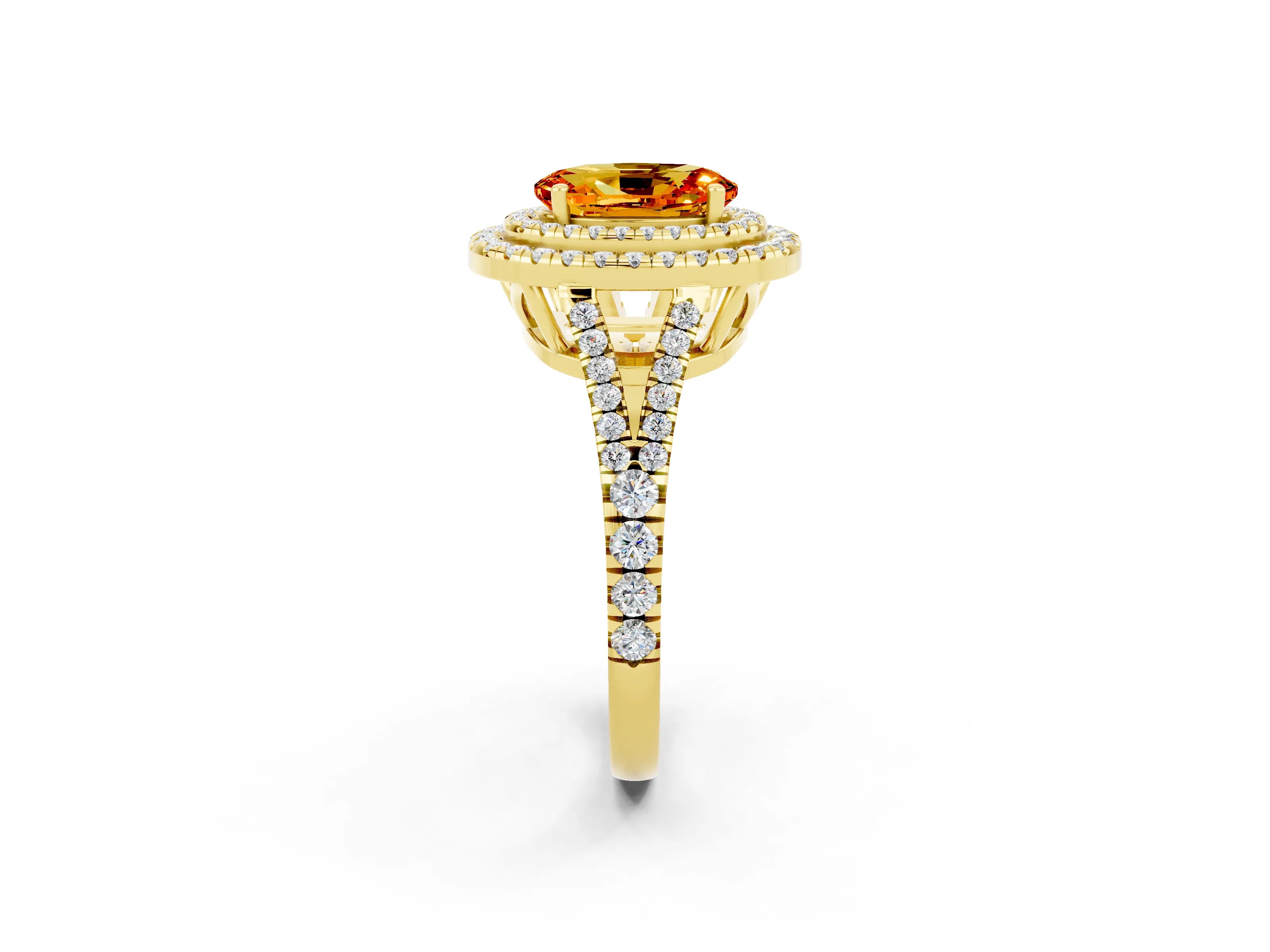 Yellow gold Oval Cut Citrine Double Halo Ring with Pavé Band and Prong Setting_14